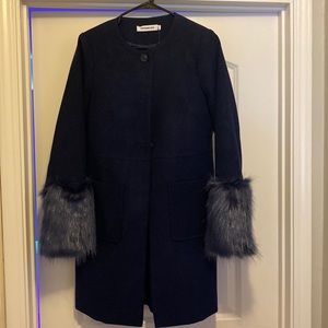 Faux fur cuffed navy coat